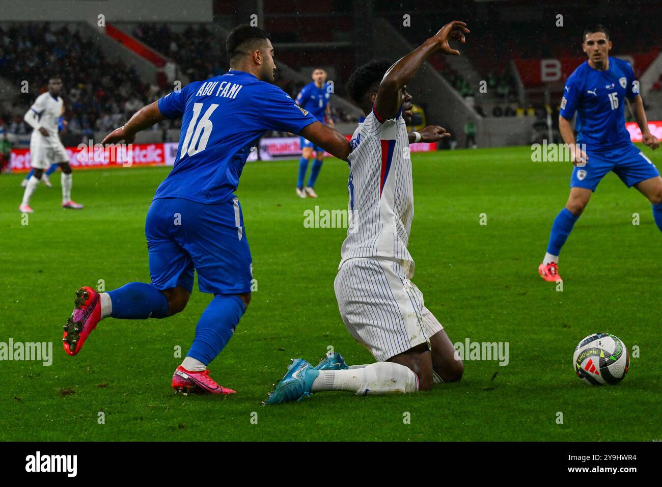 Foul of Mohammad Abu Fani (Israel) on Aurelien Djani Tchouameni (France) during the UEFA Nations League match between Israel vs. France on 10th October 2024 at the Bozsik Arena stadium in Budapest, Hungary Stock Photo