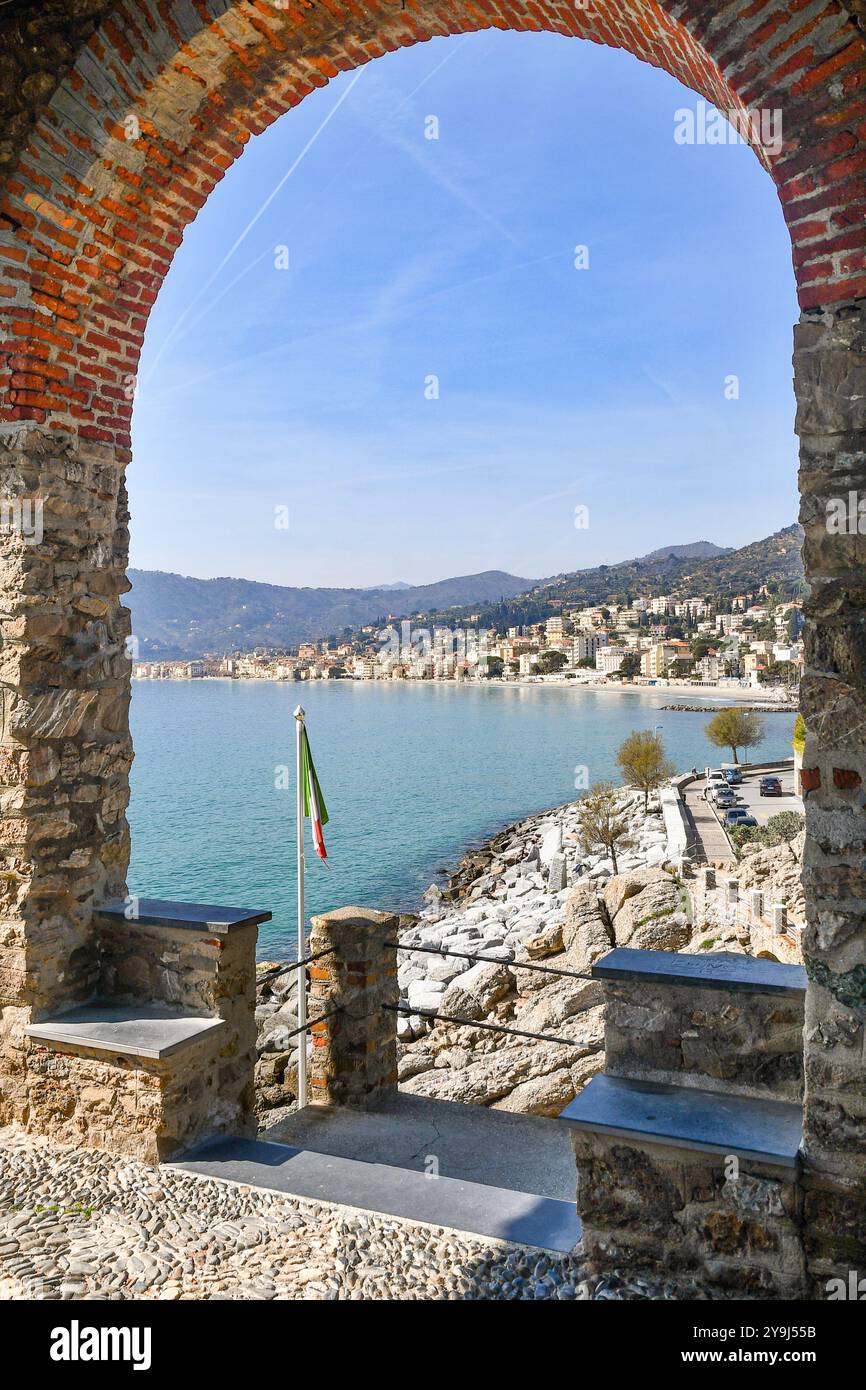 View of seaside town on the Italian Riviera from the Cappelletta, a ...
