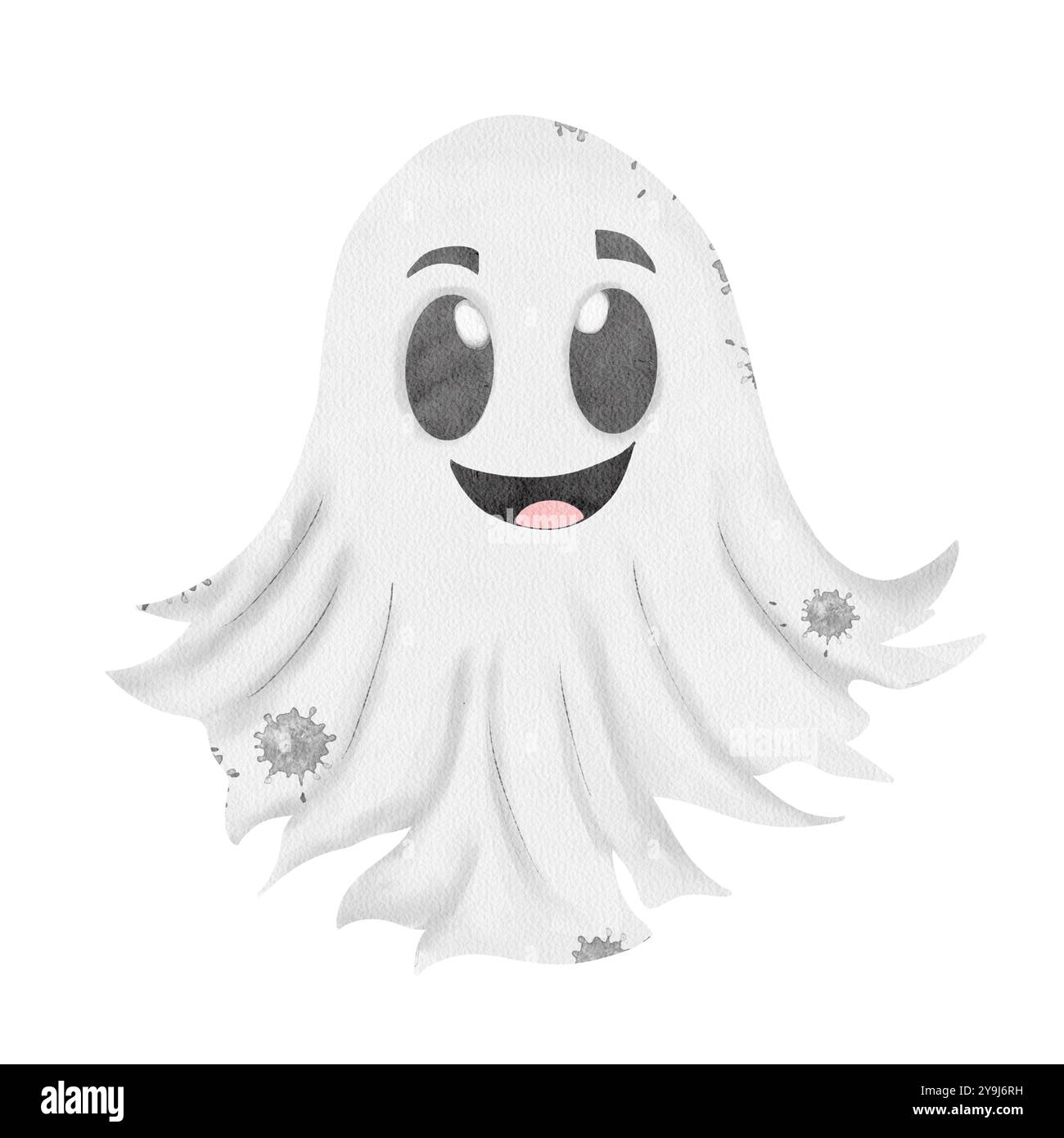 Watercolor friendly ghost decoration with big eyes and a smile, waving ...