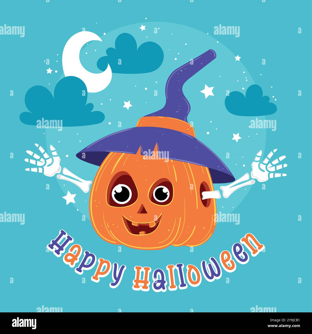 Happy Halloween pumpkin with skeleton arms and witch hat, Vector Stock ...