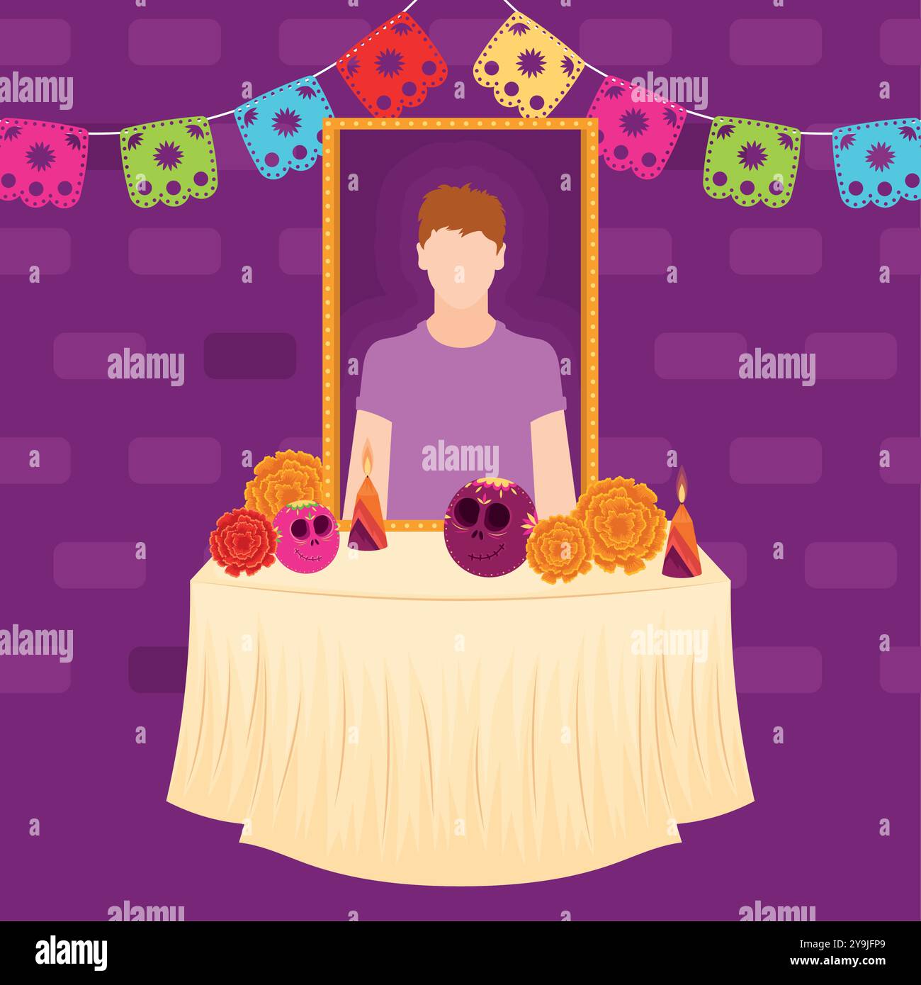 Dia de los Muertos altar with candles and sugar skulls Vector Stock ...