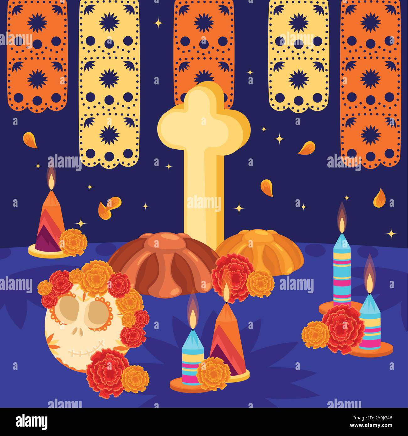 Dia de los Muertos altar with skulls and marigold garlands Vector Stock ...