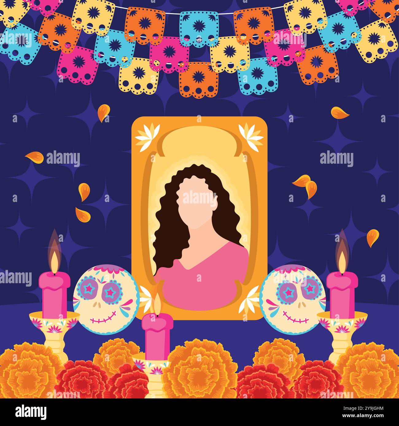 Dia de los Muertos altar with colorful candles and sugar skulls Vector ...