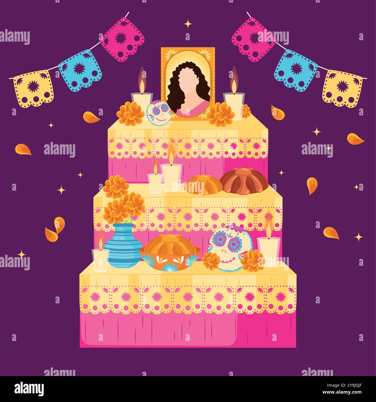 Dia de los Muertos altar with marigold flowers and sugar skulls Vector ...