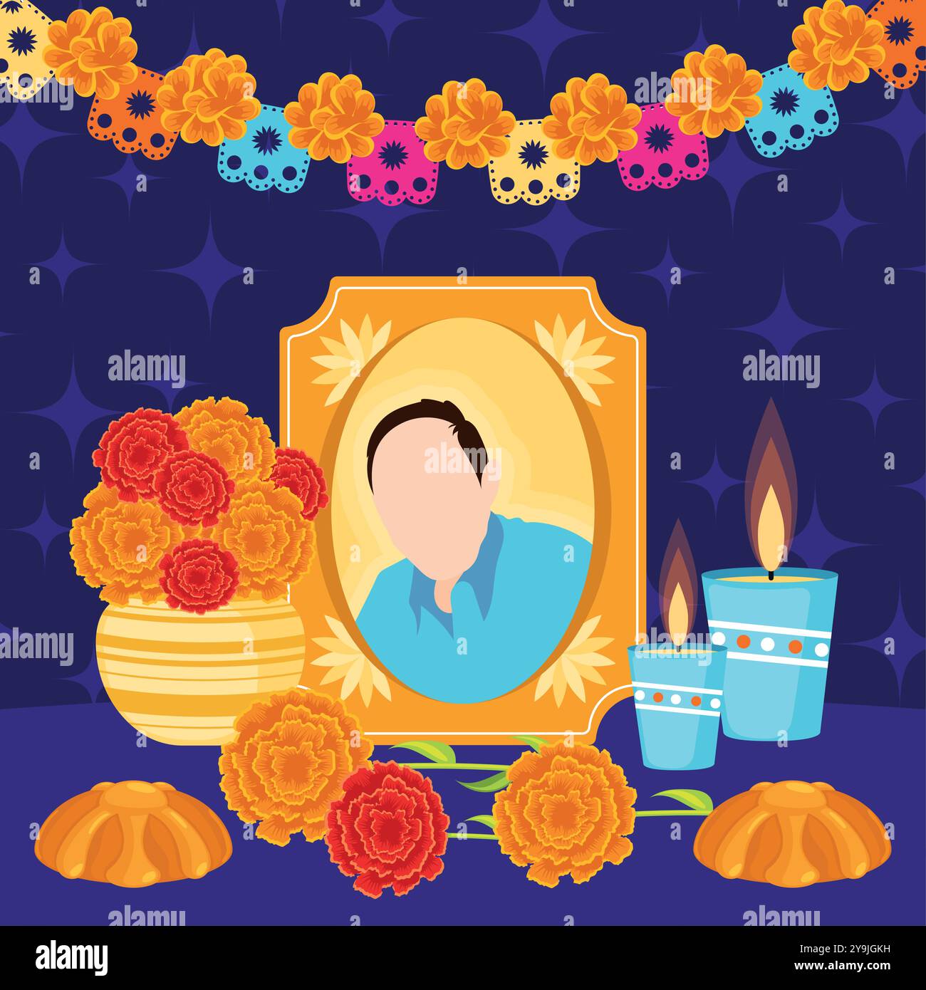 Dia de los Muertos altar with marigolds and colorful candles Vector ...