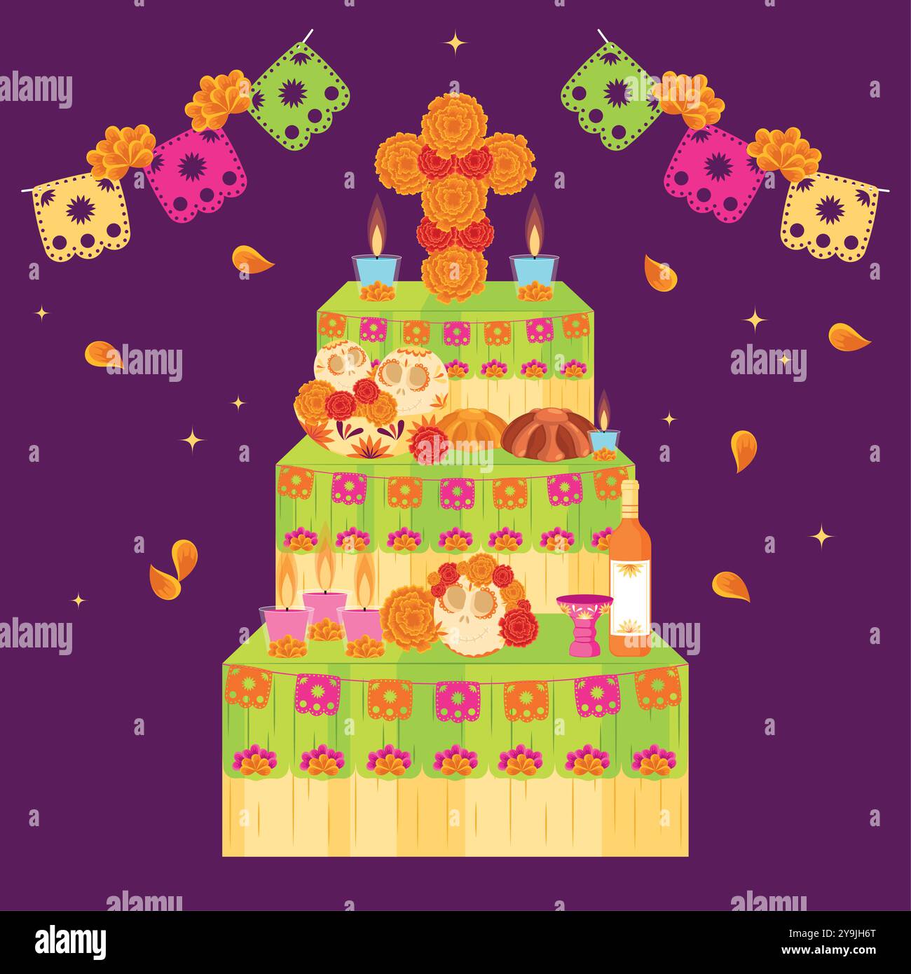 Dia de los Muertos altar with cross, marigolds, and candles Vector ...