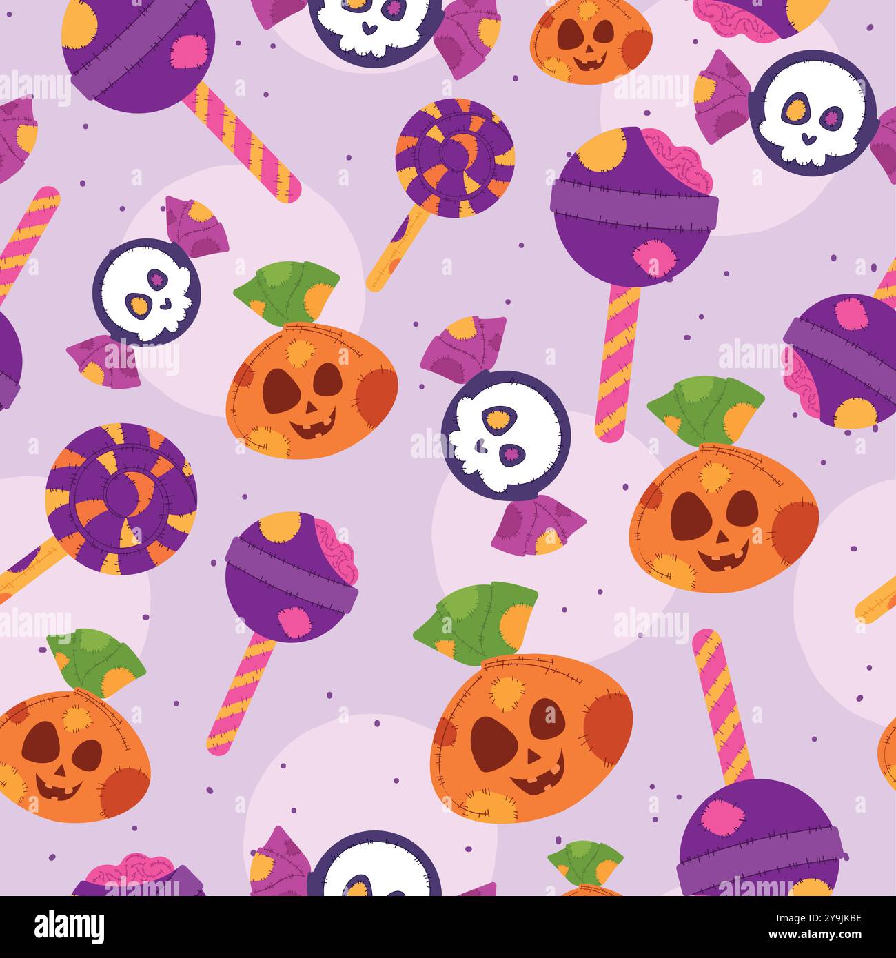 Halloween pattern with pumpkins, skulls, and candy lollipops Vector ...