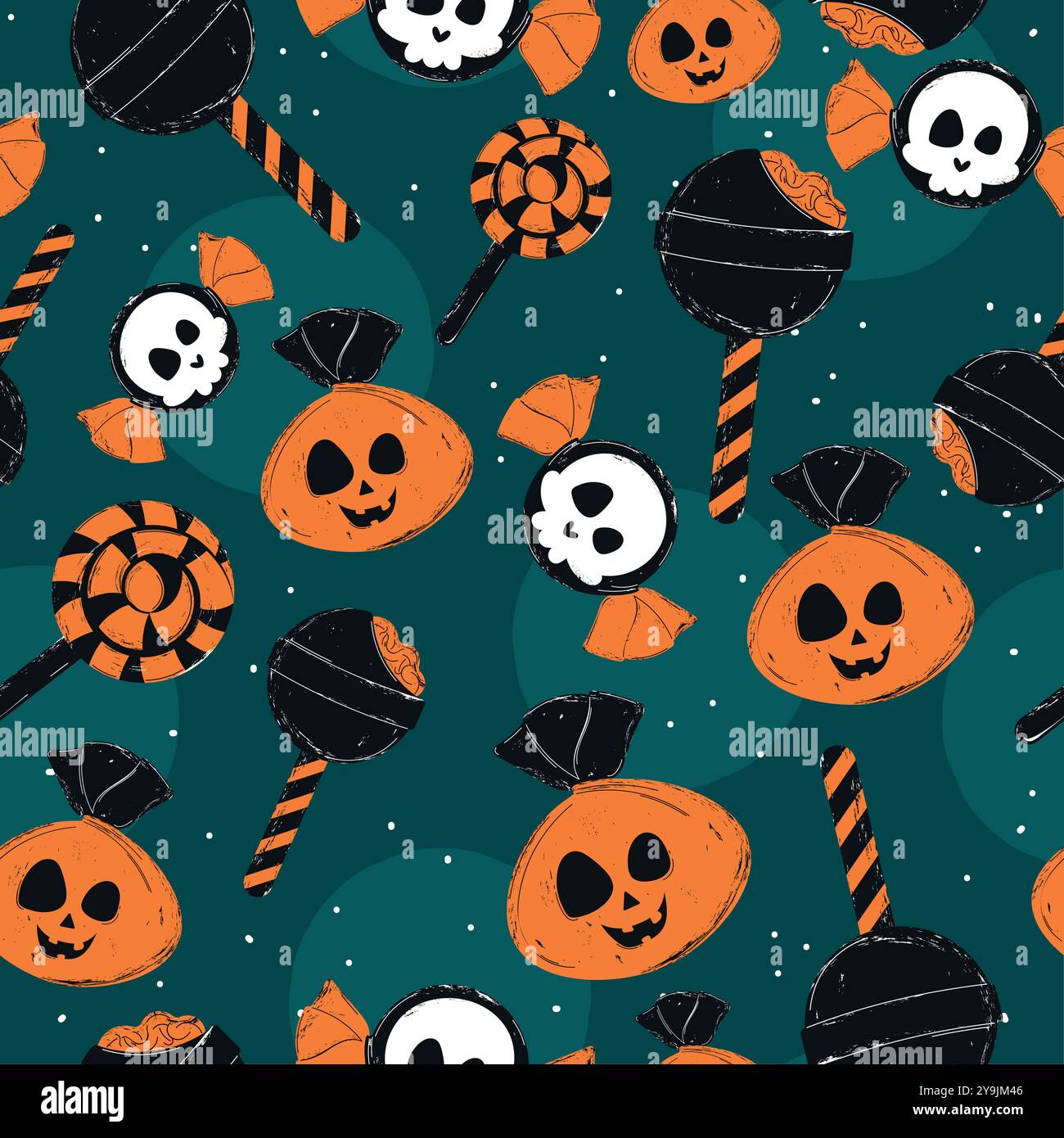 Halloween pattern with pumpkins, skulls, and spooky lollipops Vector ...