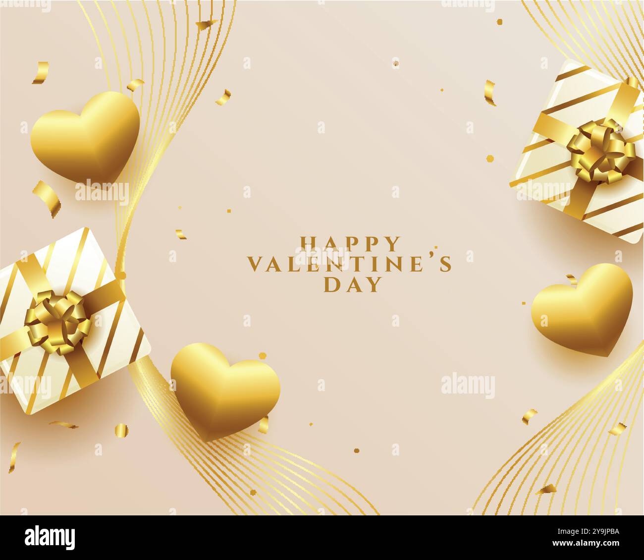 valentines day wishes background with golden hearts and giftbox vector ...