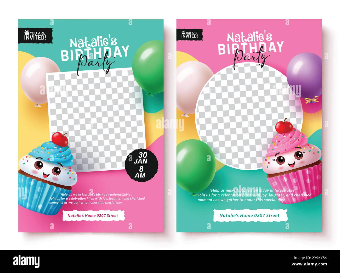 Birthday invitation card vector template design. Birthday party invitation  template with blank space for kids picture and cute cup cake decoration  Stock Vector Image \u0026 Art - Alamy, image size:1300x1043