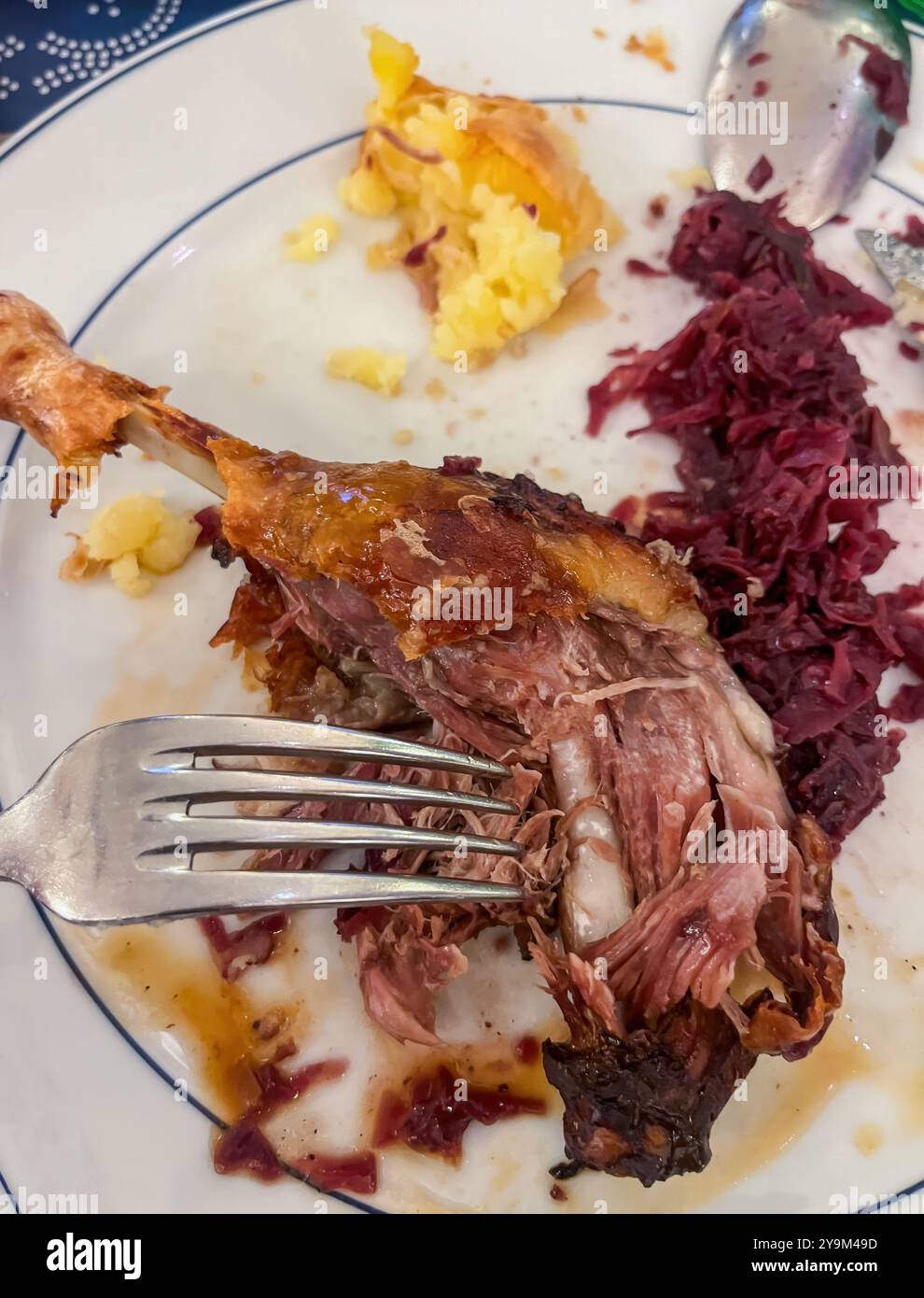 Duck leg with garnish on a plate on the table. High quality photo Stock Photo