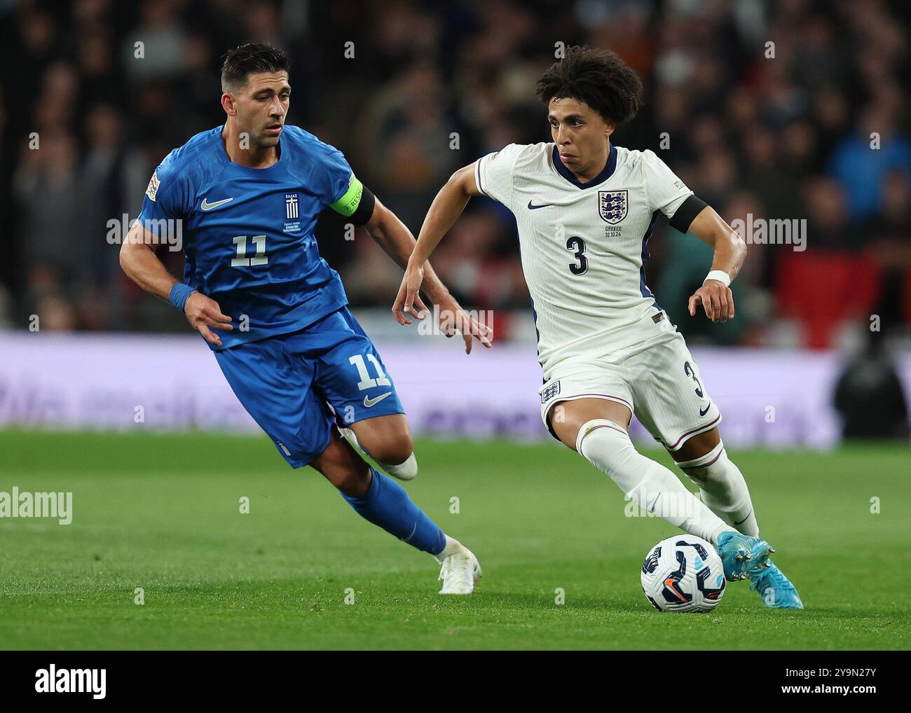 London, UK. 10th Oct, 2024. Rico Lewis of England is pressured by Tasos ...