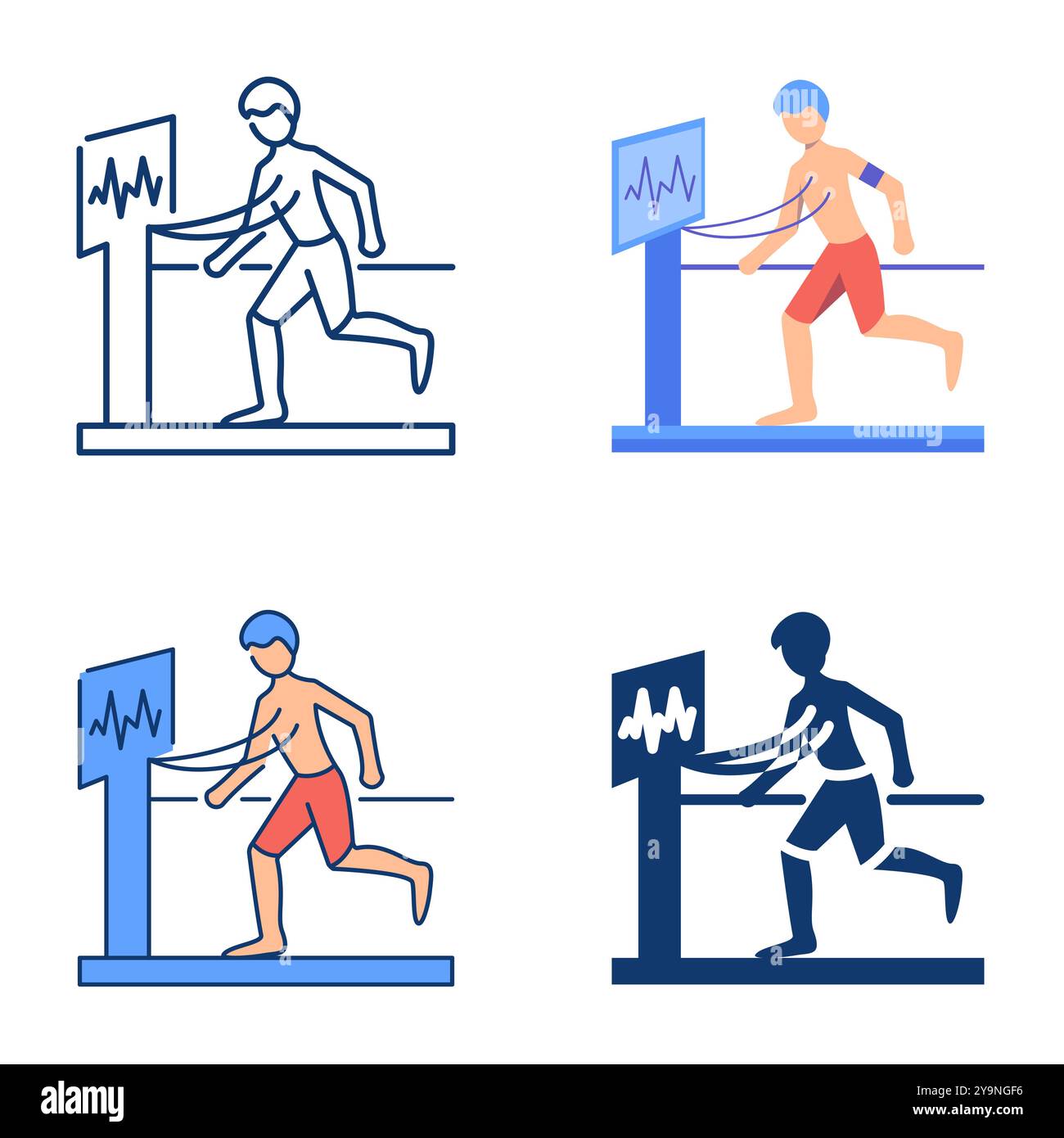 Exercise stress test icon set in flat and line style. Treadmill test, cardiac checkup. Vector illustration. Stock Vector
