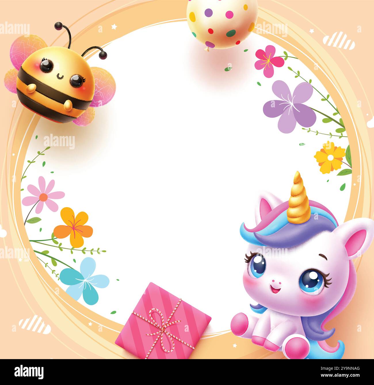 Birthday invitation card vector template design. Happy birthday greeting in  circle blank empty space with cute bee and unicorn characters, colorful  Stock Vector Image \u0026 Art - Alamy, image size:1300x1338