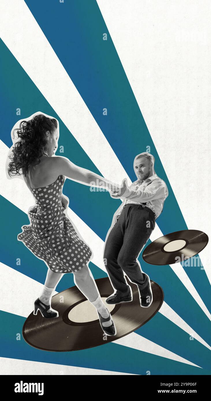 Passionate dancer, man and woman dancing on vinyl record against striped blue and white background. Contemporary art collage. Beat of a bygone era Stock Photo