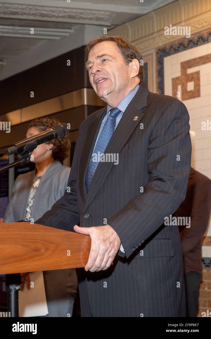 New York City Police Department (NYPD) Interim Police Commissioner Thomas G. Donlon speaks at Mayor Adams subway safety and social services announcement press conference inside the Times Square 42nd Street subway station in midtown Manhattan. Mayor Adams announced the PATH initiative, a multi-agency effort involving the NYPD, Department of Homeless Services and healthcare workers, using a 'co-response' model to addresses both safety and mental health needs to assist more New Yorkers. (Photo by Ron Adar/SOPA Images/Sipa USA) Stock Photo