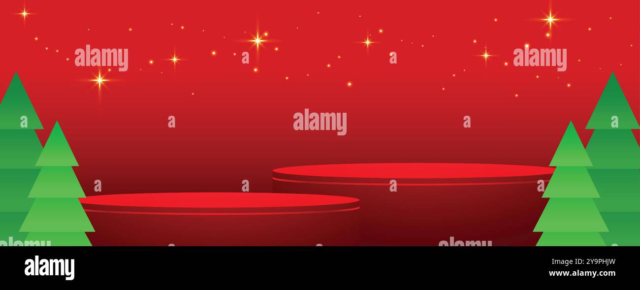 merry christmas red banner with 3d podium platform and xmas tree vector ...