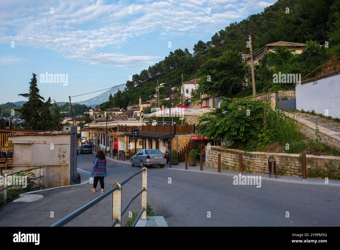Berat, Albania June 1st 2024. A waterfront road in the historic