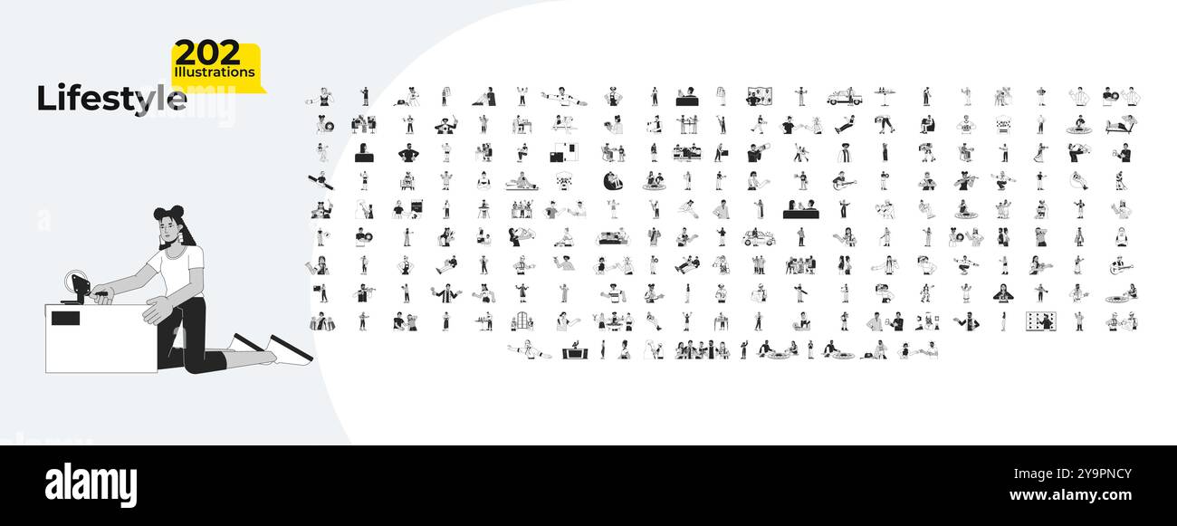 Multicultural lifestyle outline illustrations mega bundle Stock Vector