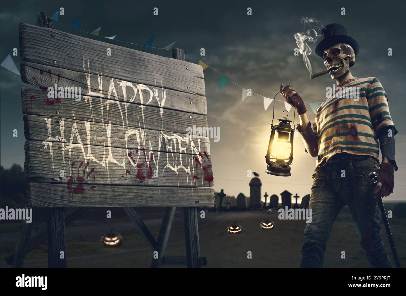Happy Halloween wishes on a wooden sign and creepy horror skeleton ...