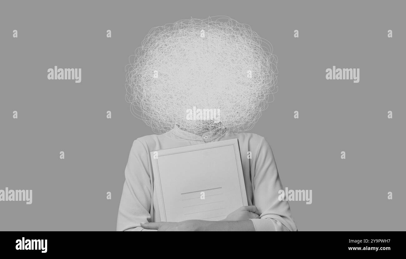 A woman with a tangled mass of lines obscuring his face, mental ...