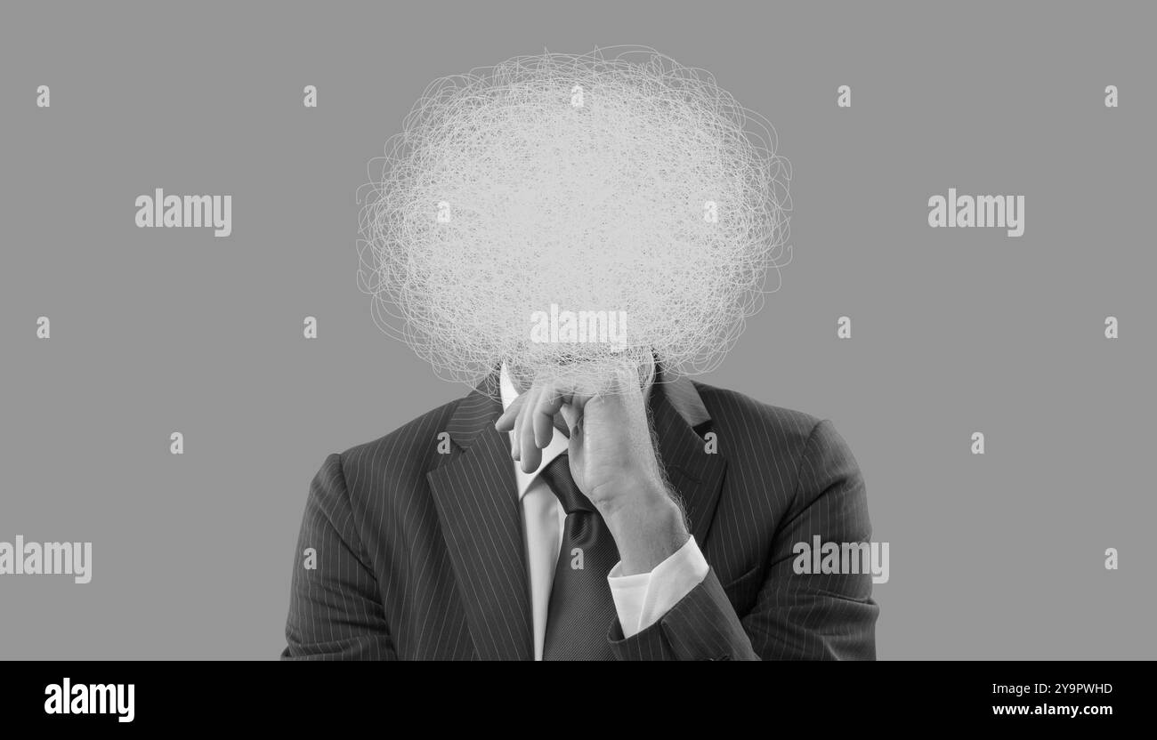 A man with a tangled mass of lines obscuring his face, mental confusion ...