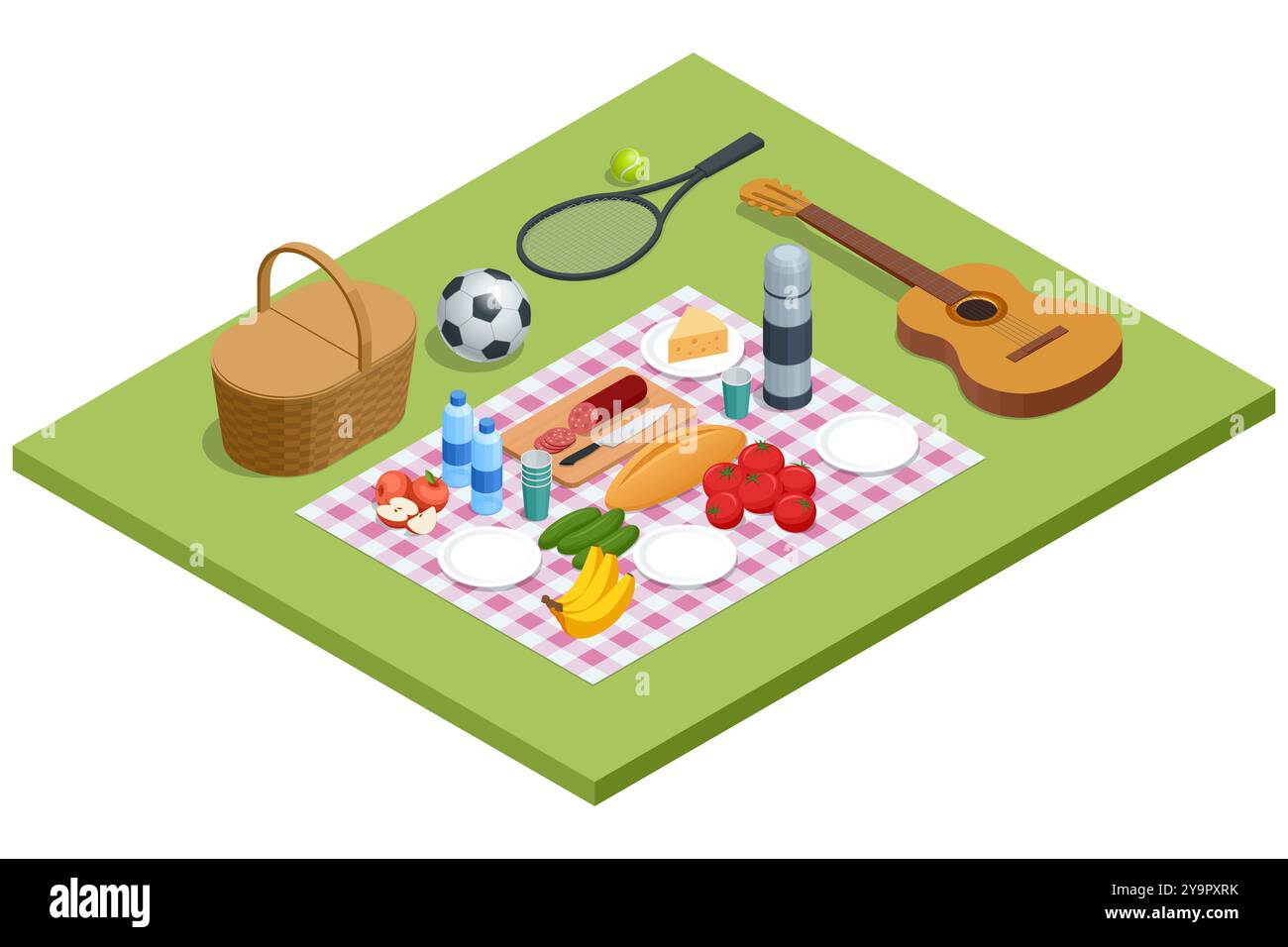 Isometric picnic basket on a blanket in the meadow, surrounded by ...