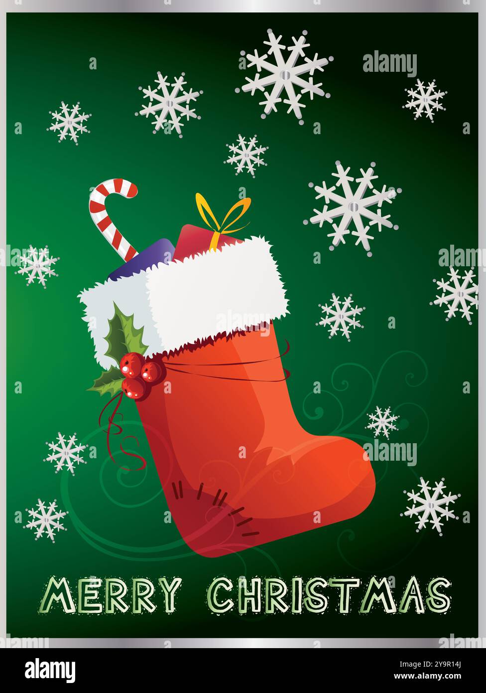 Merry christmas sign with a red stocking and a candy cane. The stocking ...