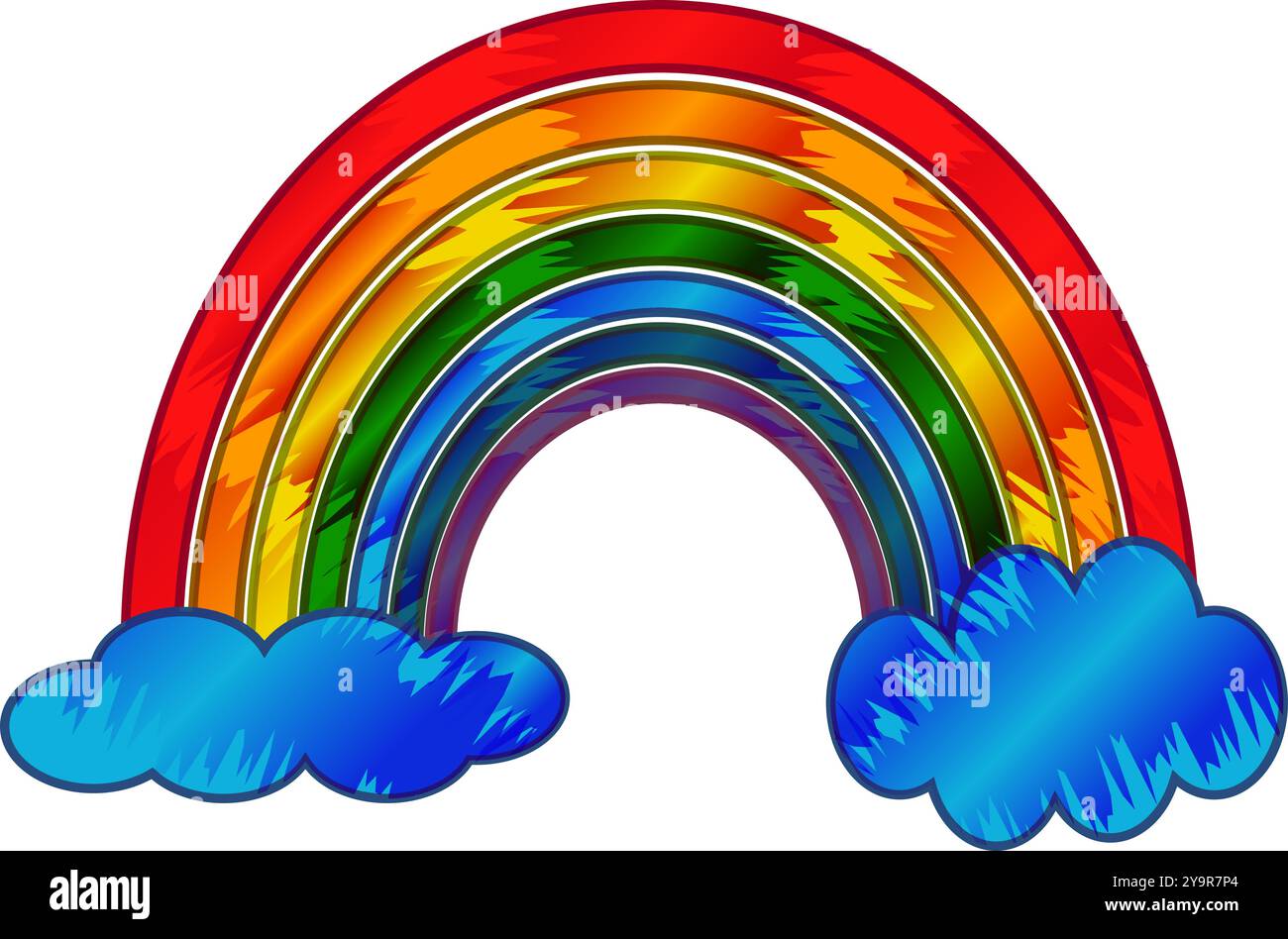 Textured single icon clipart with colorful rainbow and two clouds for greeting cards decoration Stock Vector