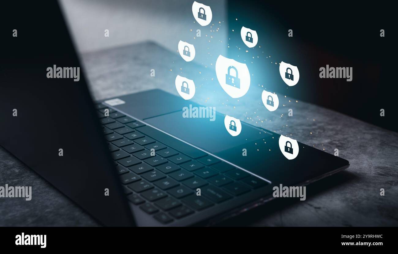 Future technology with hologram protection interface. Internet security and data protection concept. Blockchain and cybersecurity. Stock Photo
