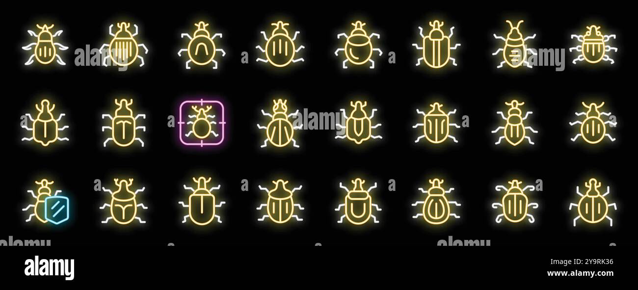 Set of neon icons depicting various types of bugs, with one highlighted ...