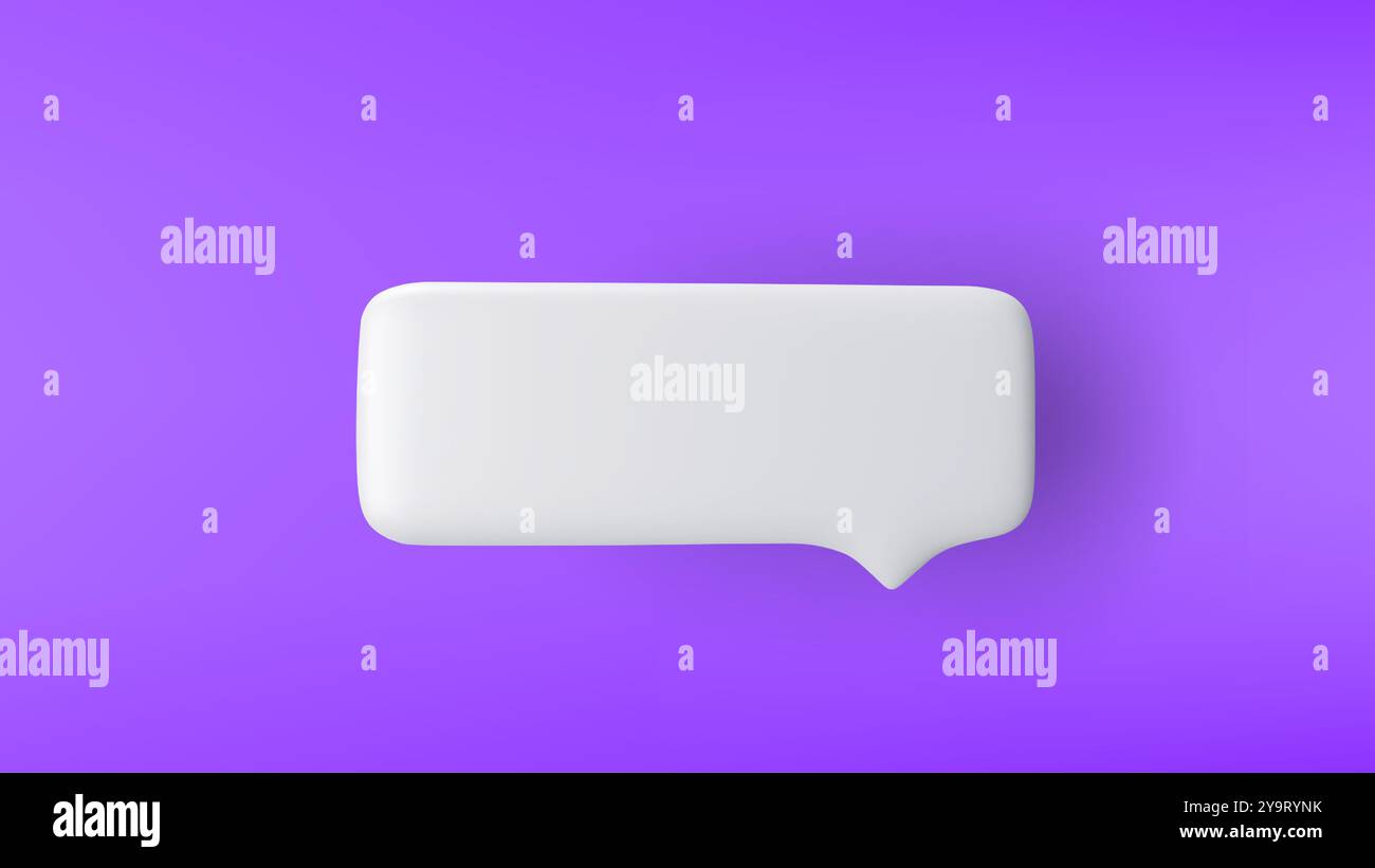 3D white rectangular speech bubble icon on a purple background. Stock Vector