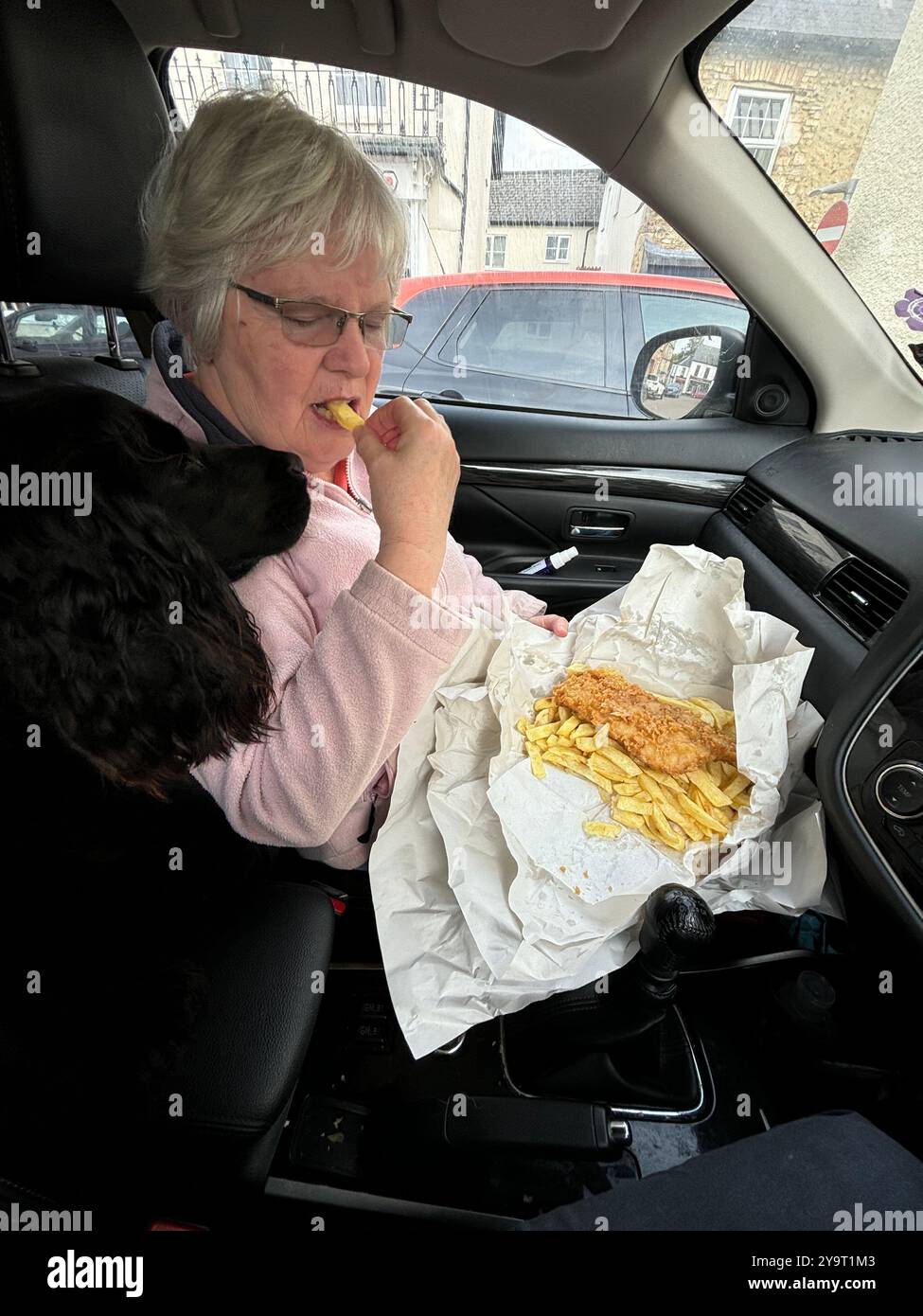 Fish and Chips in the Car at Colyton Devon England uk - Smartphone Captured Stock Image