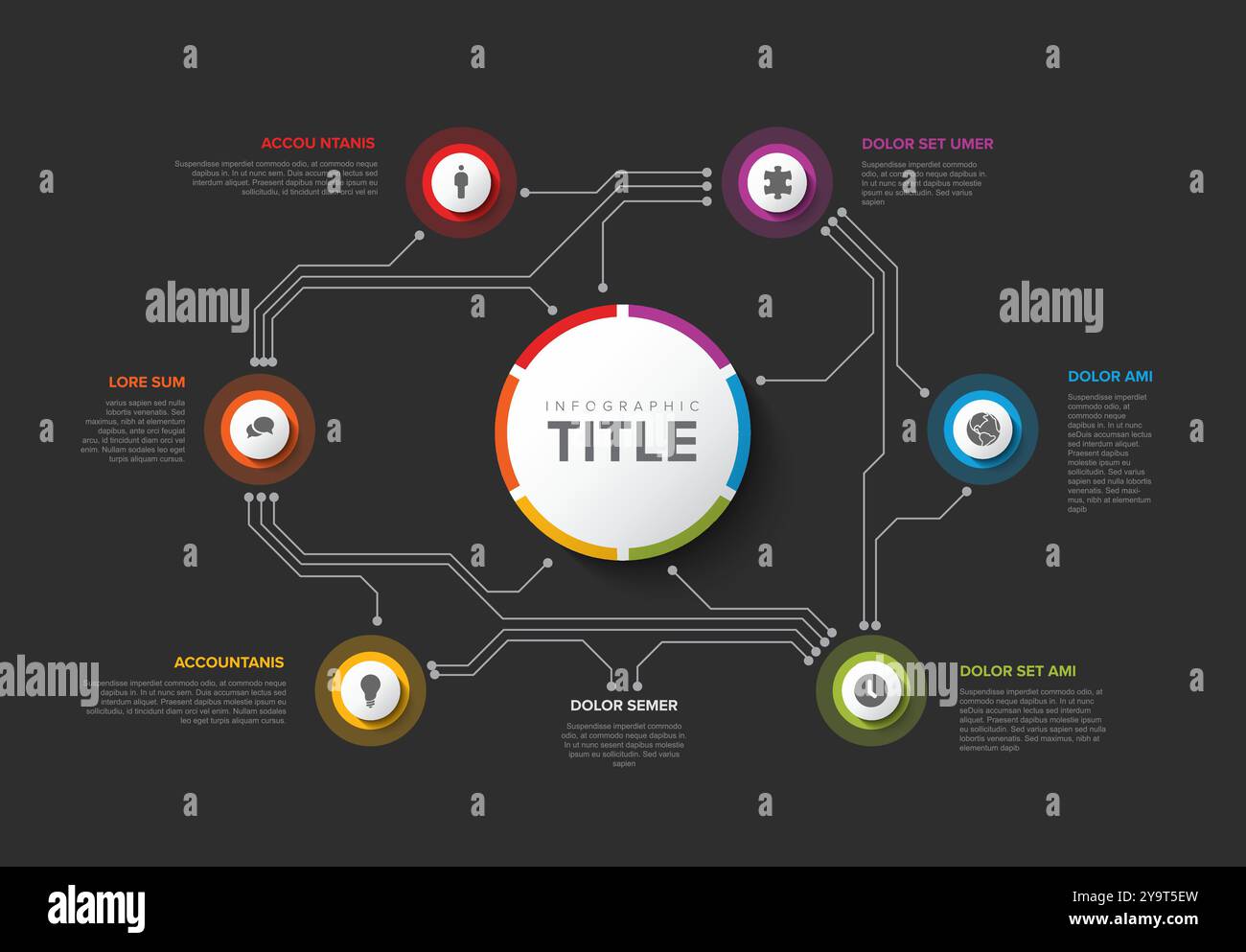 Simple Colorful Circular Infographic circuit Design Template with six element and big circle with title on the dark background. Modern multipurpose in Stock Vector