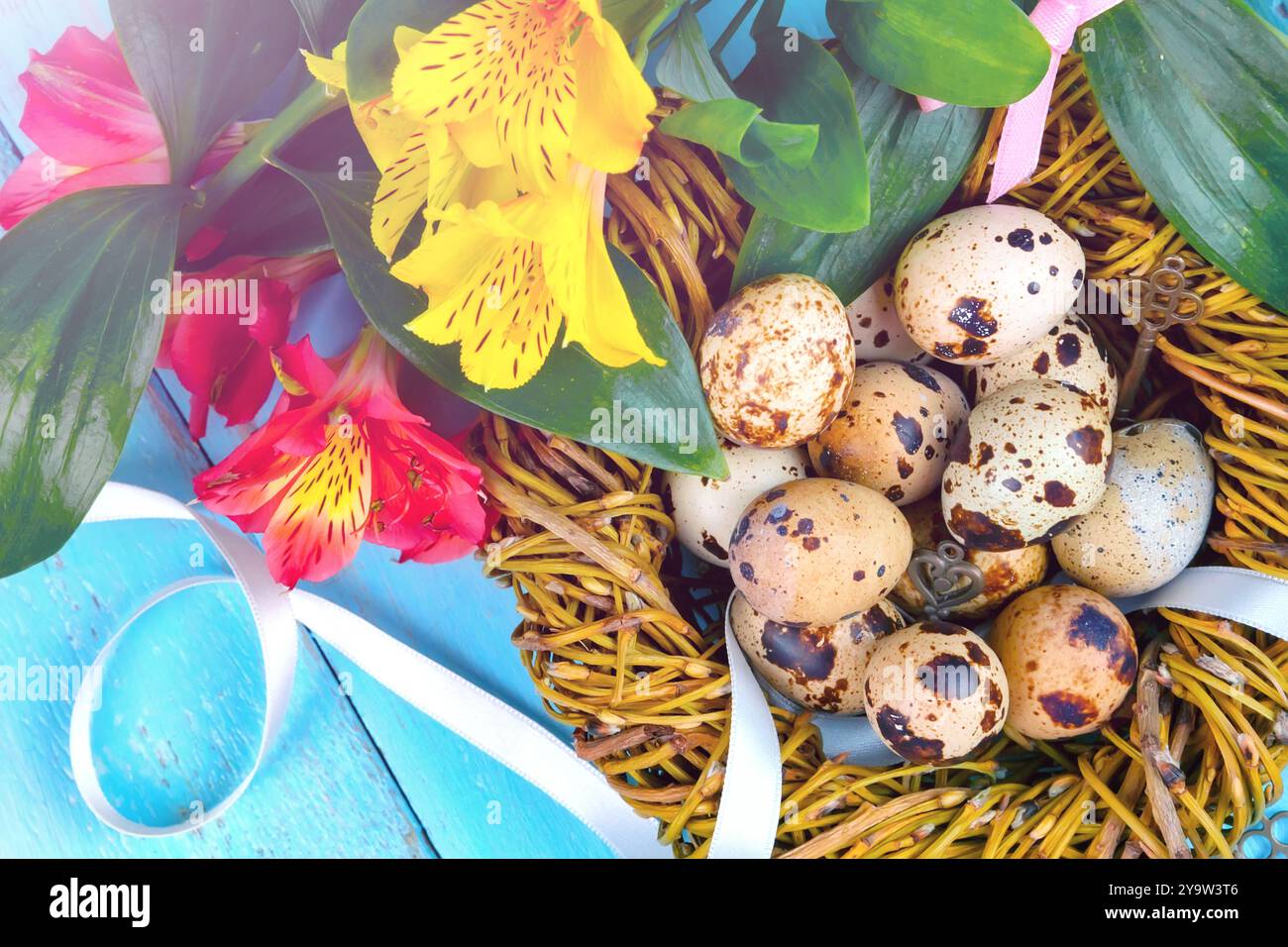 Happy Easter. Congratulatory easter background. Easter eggs and flowers. copy space Stock Photo