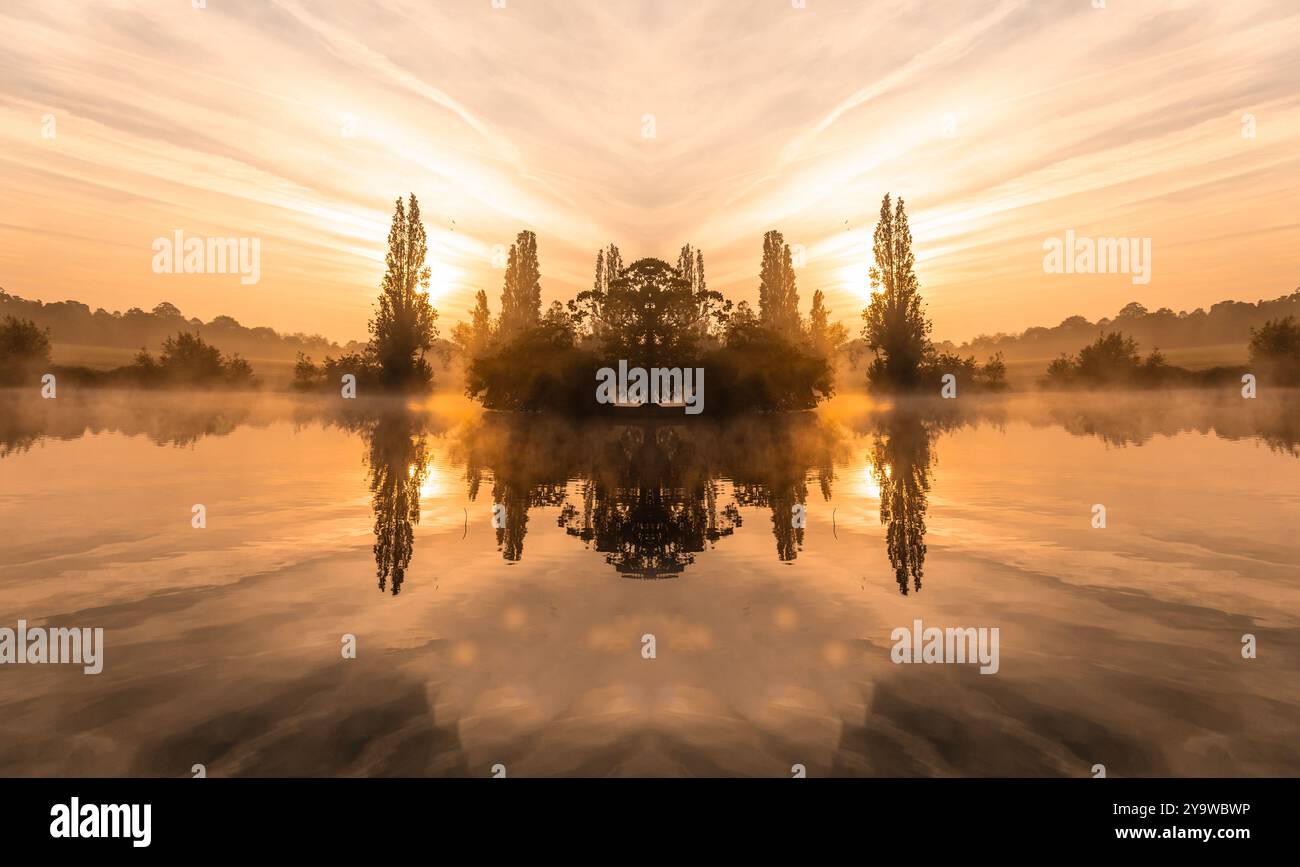 Serene misty sunrise reflecting over a still lake, framed by tall trees, offering a perfect peaceful moment at dawn. Brooklands Lake, Bexley Stock Photo