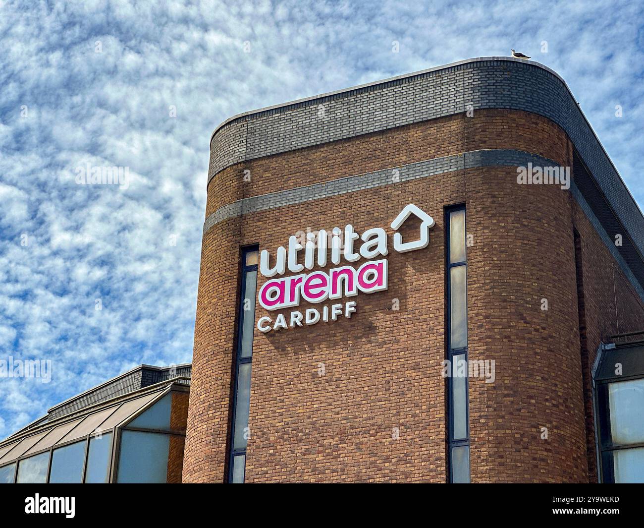 Cardiff, Wales UK - 16 August 2024: Exterior view of the Utilita Arena concert hall and exhibition centre in Cardiff city centre - Smartphone Captured Stock Image