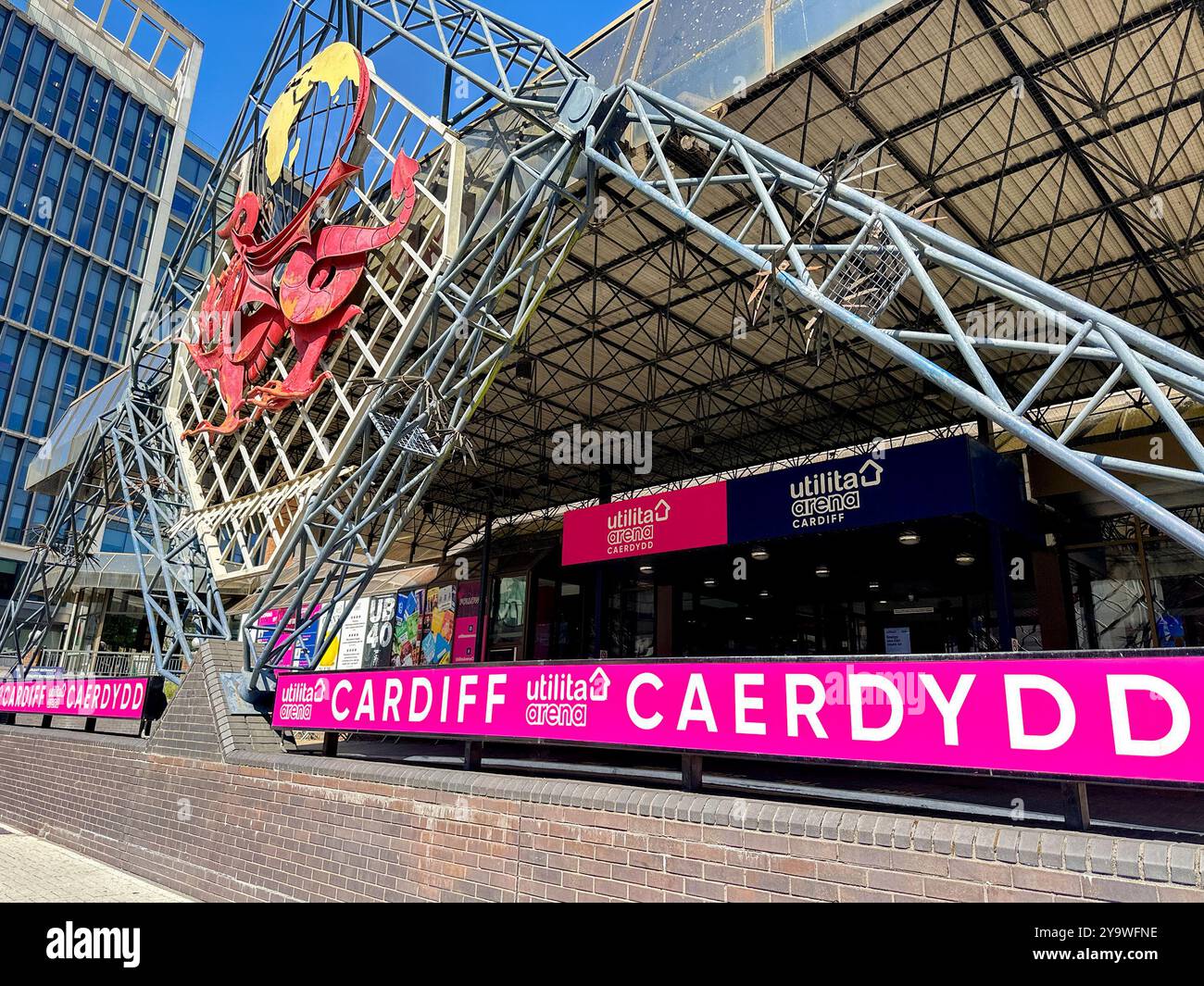 Cardiff, Wales UK - 16 August 2024: Exterior view of the entrance to the Utilita Arena concert hall and exhibition centre in Cardiff city centre - Smartphone Captured Stock Image