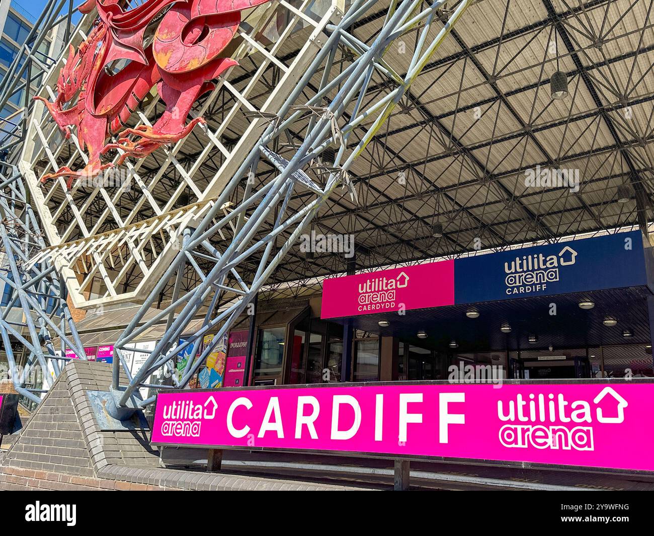 Cardiff, Wales UK - 16 August 2024: Exterior view of the entrance to the Utilita Arena concert hall and exhibition centre in Cardiff city centre - Smartphone Captured Stock Image