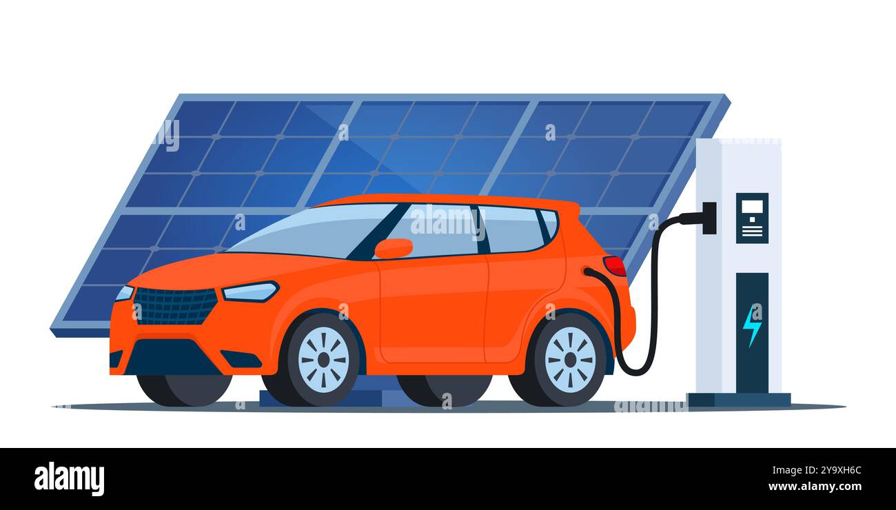 Electric car charging, side view. Solar panel. Modern urban landscape ...