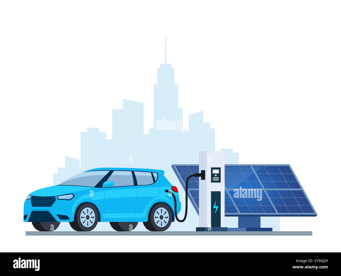 Picture of Electric car charging, side view. Solar panel. Modern urban landscape ...