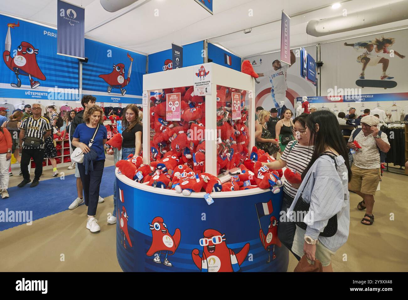 France, Paris, Avenue des Champs Elysees, the mega store of the official boutiques of the Paris 2024 Olympic and Paralympic Games, sale of plush phryges Stock Photo