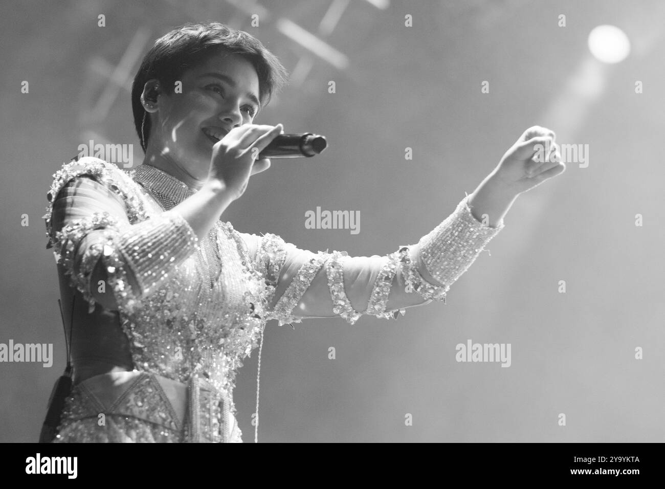 Singer Aye Alfonso performs during the Hispanic Heritage concert at Puerta del Sol in Madrid October 11, 2024 Spain Stock Photo