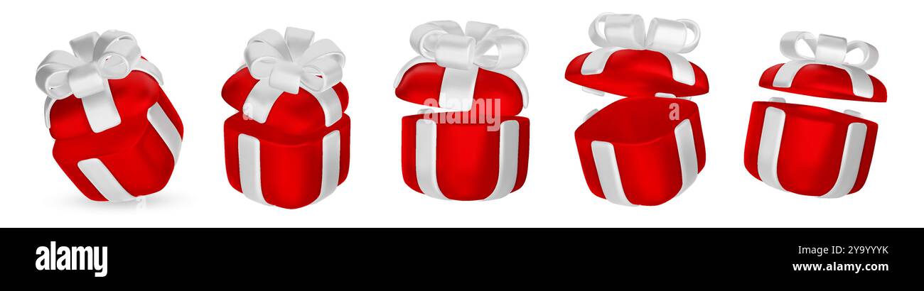 Set of realistic 3d render gift boxes. Red gift box with golden bow and ...