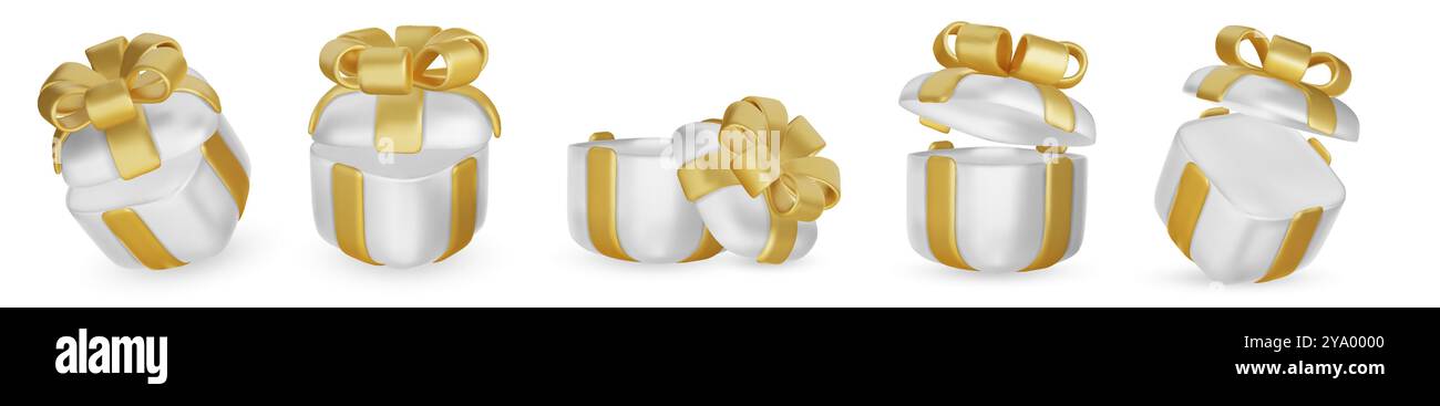 Set of realistic 3d render gift boxes. Gold gift box with golden bow ...