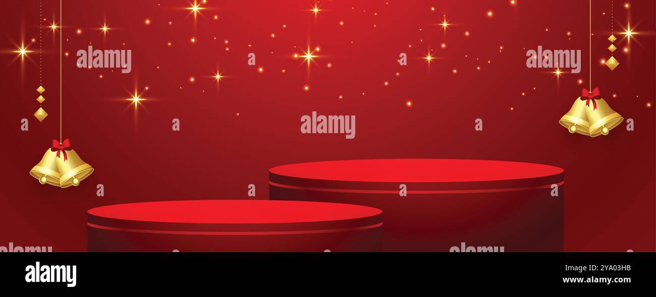 3d podium platform for merry christmas red banner with hanging bell ...