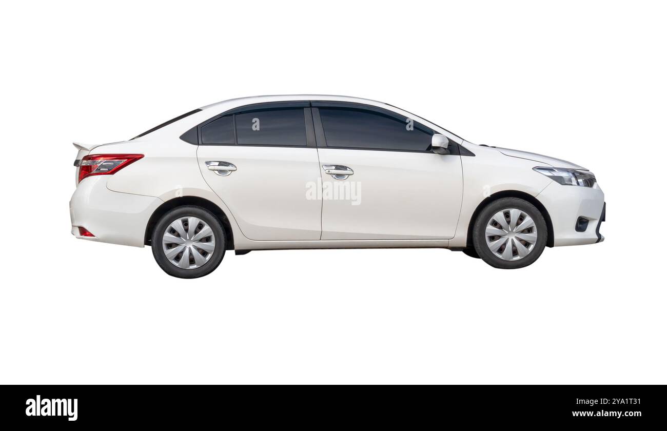 Side view of white sports sedan car is isolated on white background ...
