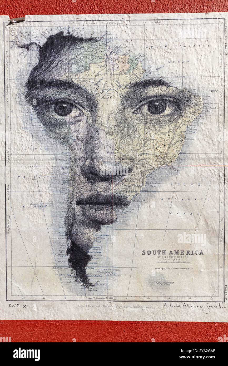 Creative artwork showing a face superimposed on a map of South America, Seville Stock Photo