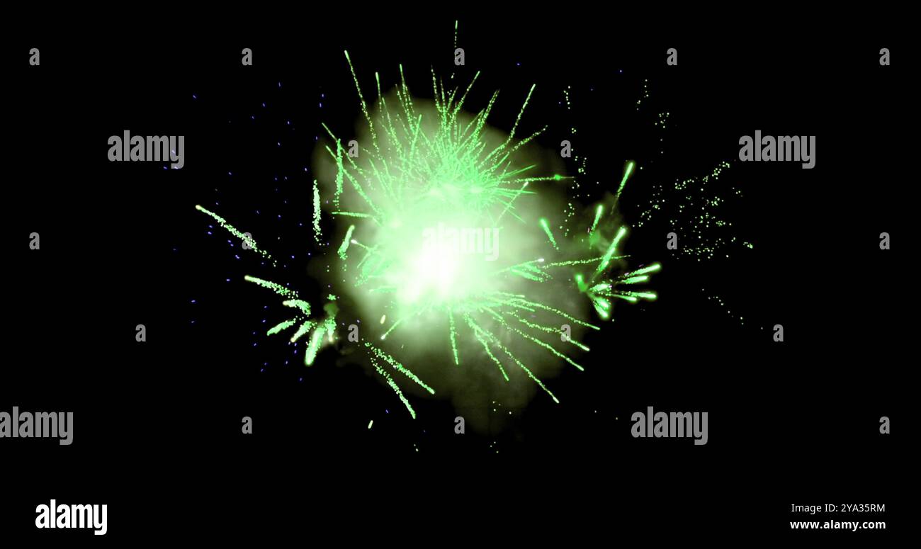 Digital image of green and red fireworks exploding against a black ...