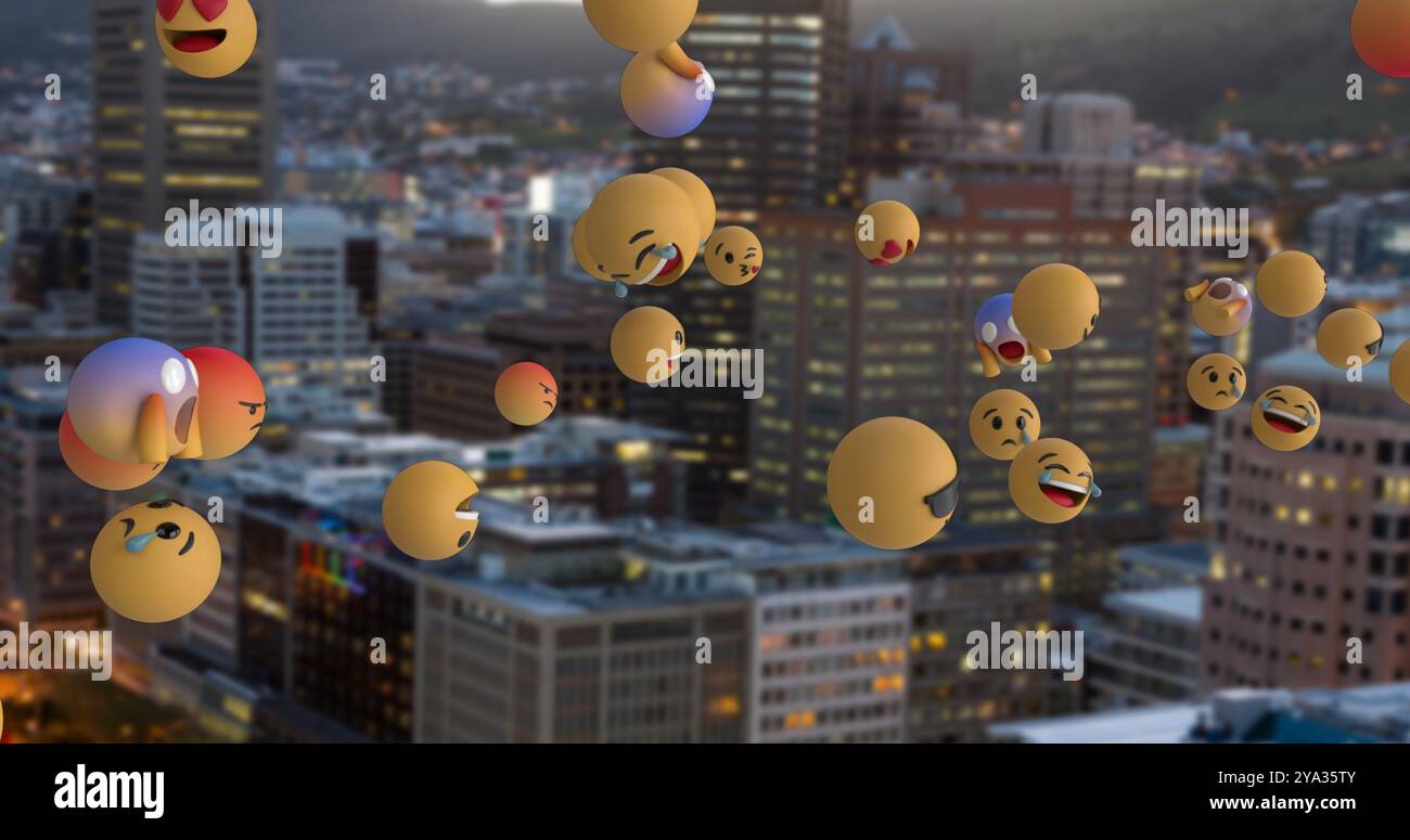 Image of emoji icons flying over cityscape in the evening 4k Stock ...